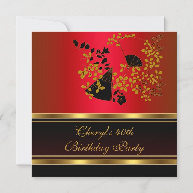 40th Birthday Party Floral Red Black Gold pattern Invitation (Front)