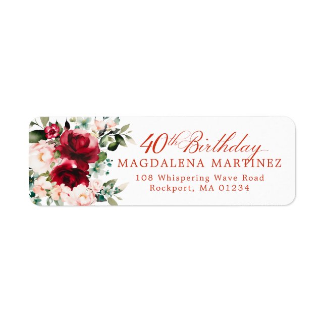 40th Birthday Party Floral Return Address Label (Front)