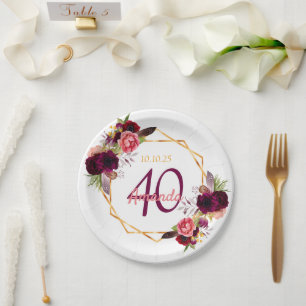 40th birthday party florals gold white burgundy paper plate