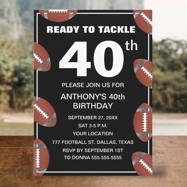 40th Birthday Party Football Black Dad Sport Invitation (Creator Uploaded)