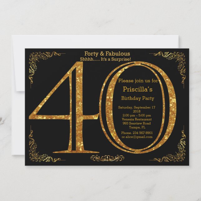 40th,Birthday party, forty, Gatsby, black & gold Invitation (Front)