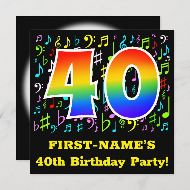 40th Birthday Party: Fun Music Symbols, Rainbow 40 Invitation (Front/Back)