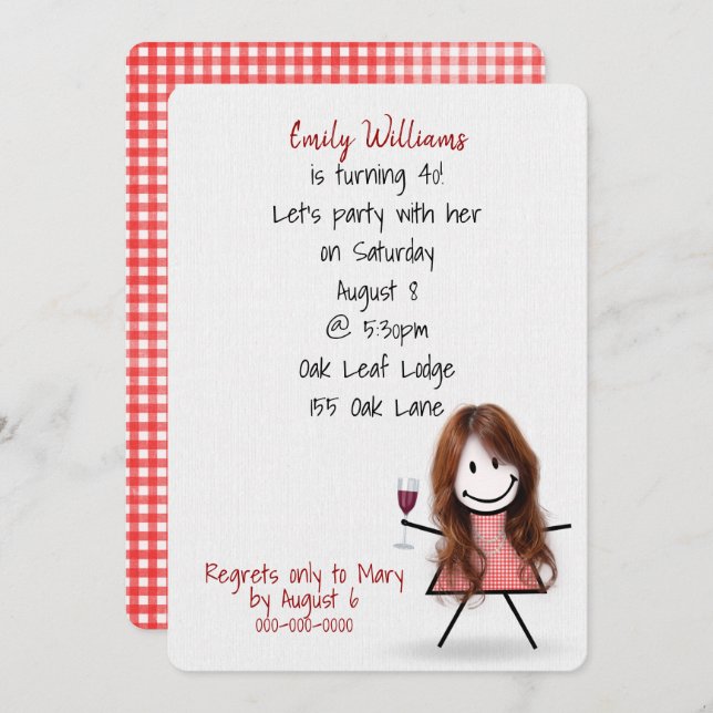 40th Birthday Party Girl with Wine Invitation (Front/Back)