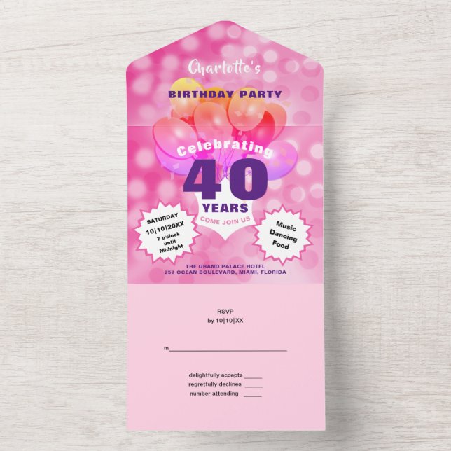 40th Birthday Party Glam Sparkle Glitz Pink All In One Invitation (Inside)