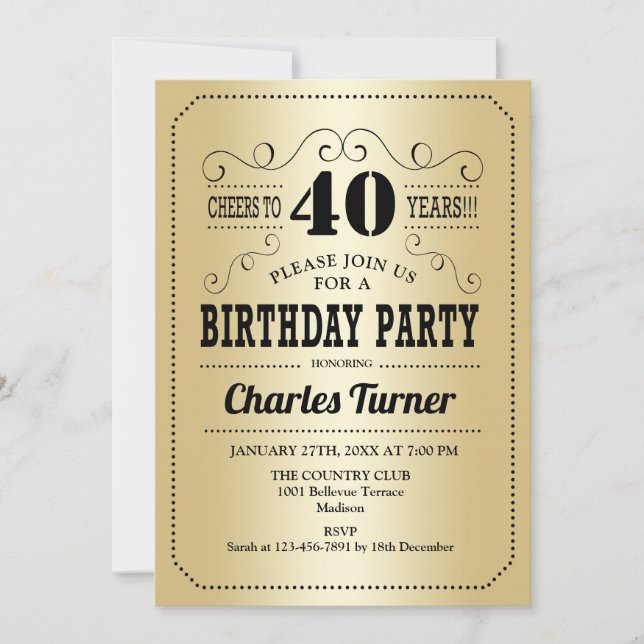 40th Birthday Party - Gold Black Invitation (Front)