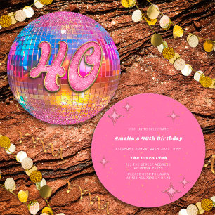 40th Birthday Party Gold Pink Glitter Disco Ball Invitation