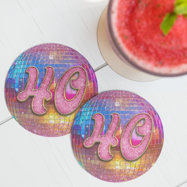 40th Birthday Party Gold Pink Glitter Disco Ball Round Paper Coaster (Creator Uploaded)