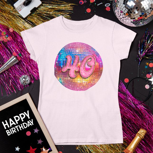40th Birthday Party Gold Pink Glitter Disco Ball T-Shirt (Creator Uploaded)