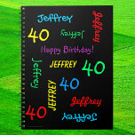 40th Birthday Party Guest Book, Repeat Name Black Spiral Notebook<br><div class="desc">What a wonderful, personalised spiral notebook Guest Book for a 40th birthday party or any other occasion. On the cover, Name and Age repeats in different fonts and primary colours on a black background. Easy to personalise - just CHANGE NAME, AGE, and OCCASION in ONE PLACE. Supports name up to...</div>