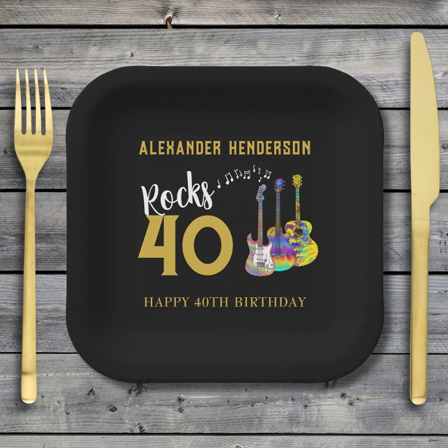 40th Birthday Party Guitars Music Name Rocks 40 Paper Plate (Rock and roll guitar black and gold 40th birthday party personalized paper plate)
