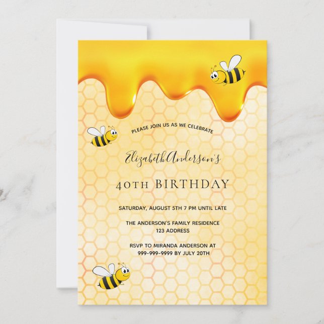 40th birthday party honeycomb sweet bumble bees invitation (Front)