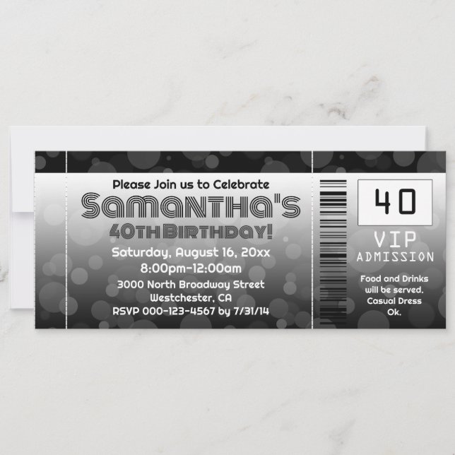 40th Birthday Party Invitation, Black Ticket Invitation (Front)