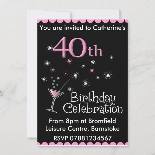 40th Birthday Party Invitation - Cocktail Glass (Front)
