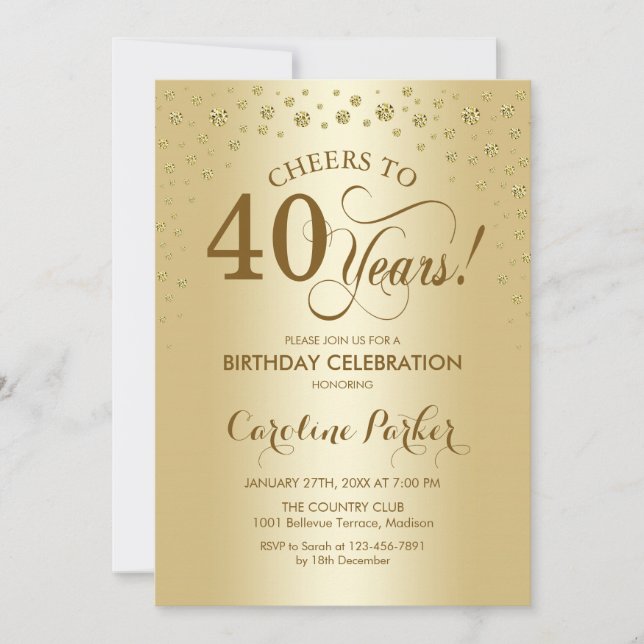 40th Birthday Party Invitation - Gold (Front)