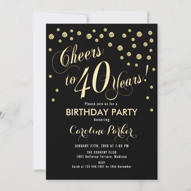 40th Birthday Party Invitation - Gold Black (Front)
