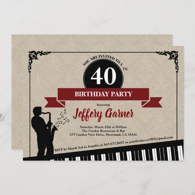 40th birthday party invitation Jazz music theme (Front/Back)