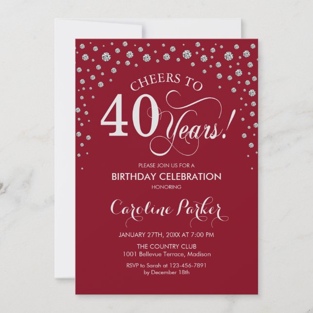 40th Birthday Party Invitation - Silver Red (Front)