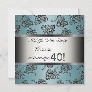 40th Birthday Party Invitation Teal Black Damask