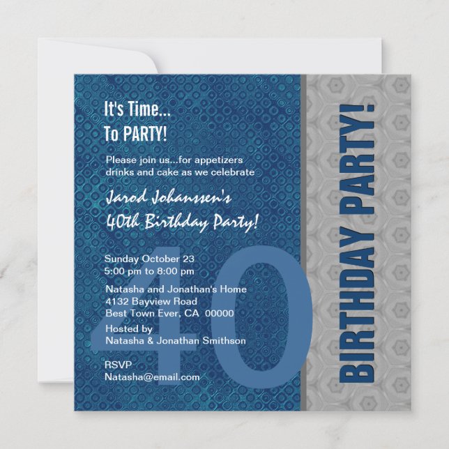 40th Birthday Party Modern Blue and Silver S317 Invitation (Front)