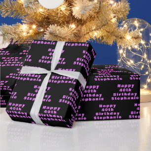 40th Birthday Party Name Black Purple Pattern Wrapping Paper