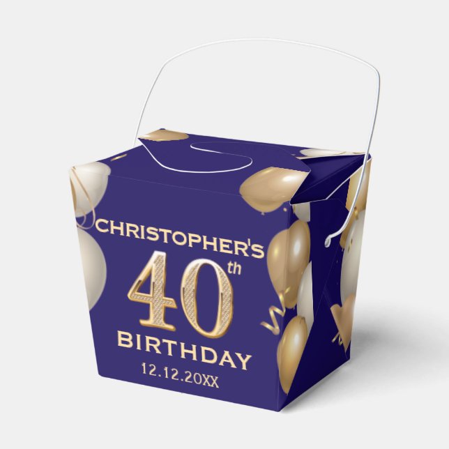 40th Birthday Party Navy Blue and Gold Balloons Favour Box (Front Side)