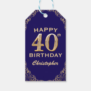 40th Birthday Party Navy Blue and Gold Glitter Gift Tags