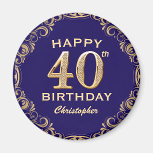 40th Birthday Party Navy Blue and Gold Glitter Magnet