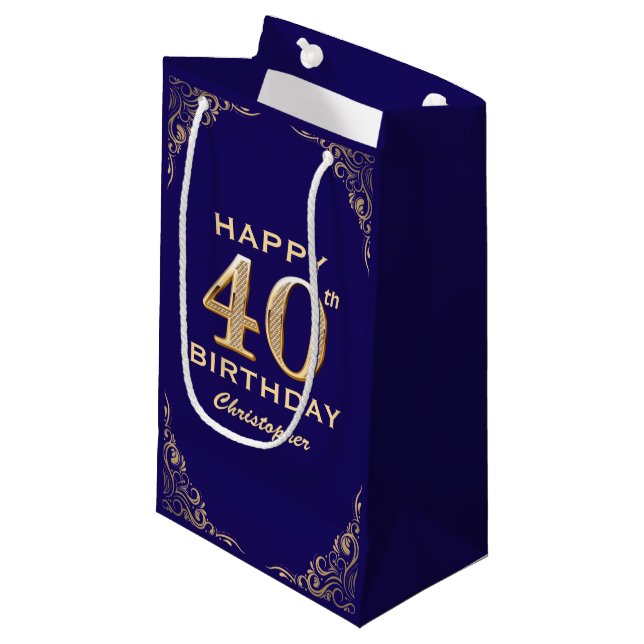 40th Birthday Party Navy Blue and Gold Glitter Small Gift Bag (Front Angled)