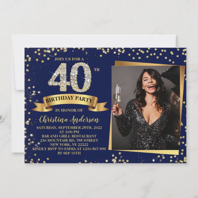 40th Birthday Party Navy Blue Gold Glitter Invitation (Front)