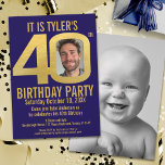 40th Birthday party navy gold photo Invitation<br><div class="desc">Bold simple graphic dark blue, and gold photo template 40th birthday party invitation. Personalise this milestone birthday invitation with your own birthday party event details, and a photos of your birthday boy or girl in the centre of the 0 in 40 and one full bleed out photo on the reverse,...</div>
