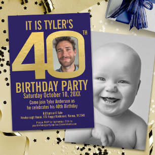 40th Birthday party navy gold photo Invitation