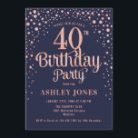 40th Birthday Party - Navy & Rose Gold Invitation<br><div class="desc">40th Birthday Party Invitation.
Elegant design in navy blue and faux glitter rose gold. Features stylish script font and confetti. Message me if you need custom age.</div>