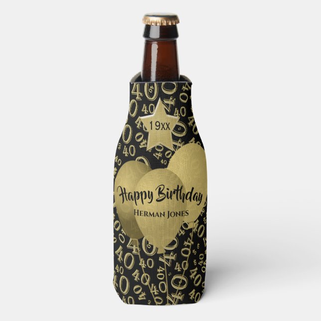 40th Birthday Party Number Pattern Gold and Black Bottle Cooler (Bottle Front)