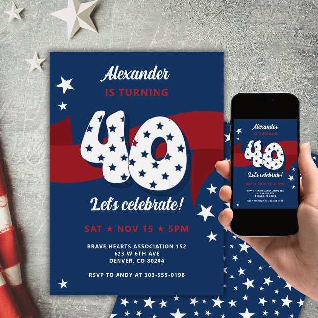 40th Birthday Party Patriotic Red White Blue Stars Invitation (Creator Uploaded)