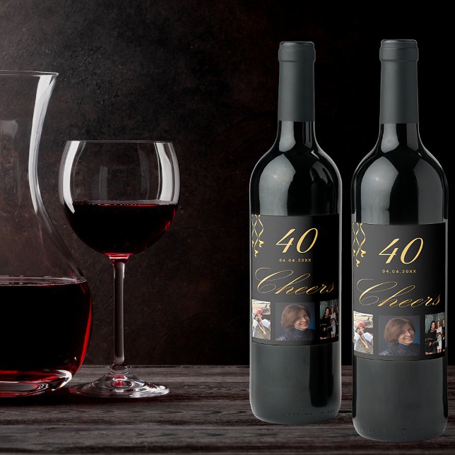 40th birthday party photo black gold cheers script wine label (Creator Uploaded)