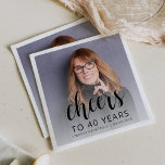 40th Birthday Party Photo Black Script Cheers Napkin<br><div class="desc">This custom 40th birthday napkin features the guest of honour's personalised photo,  name,  and birthday,  along with the word "Cheers" in elegant black calligraphy script. A white screen helps make the text pop. A great way to celebrate someone who's turning forty!</div>