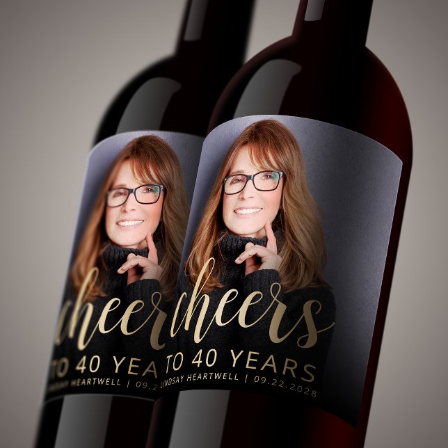 40th Birthday Party Photo Cheers Wine Label (Creator Uploaded)