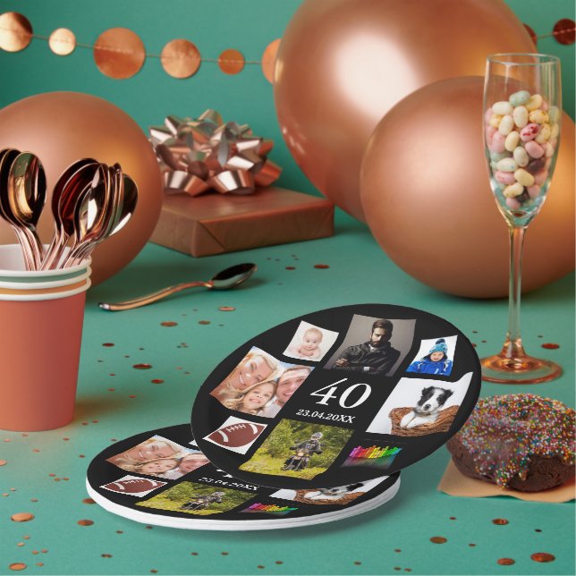 40th birthday party photo collage black guy man paper plate (Multi)