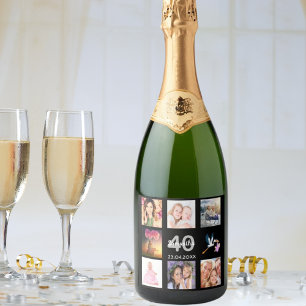 40th birthday party photo collage black sparkling wine label