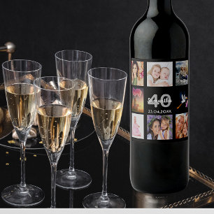 40th birthday party photo collage black wine label