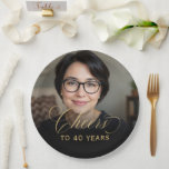 40th Birthday Party Photo Gold Script Cheers  Paper Plate<br><div class="desc">Celebrate your 40th birthday in style with these elegant photo gold script "Cheers" paper plates. Featuring your personal photo and a trendy gold script design,  these plates are a perfect addition to your milestone celebration. Whether serving appetizers or desserts,  these chic and modern plates will make your party unforgettable.</div>