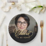 40th Birthday Party Photo Gold Script Cheers  Paper Plate<br><div class="desc">Celebrate your 40th birthday in style with these elegant photo gold script "Cheers" paper plates. Featuring your personal photo and a trendy gold script design,  these plates are a perfect addition to your milestone celebration. Whether serving appetizers or desserts,  these chic and modern plates will make your party unforgettable.</div>