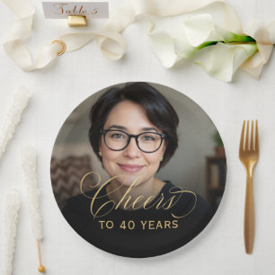 40th Birthday Party Photo Gold Script Cheers Paper Plate