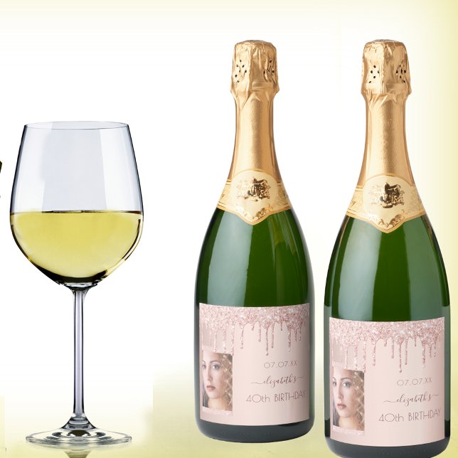 40th birthday party photo rose gold glitter pink sparkling wine label (Creator Uploaded)