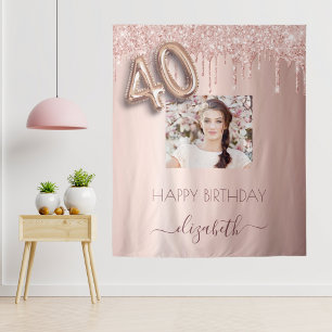 40th birthday party photo rose gold glitter pink tapestry