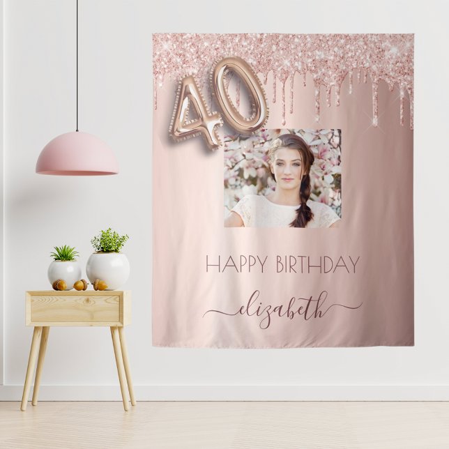 40th birthday party photo rose gold glitter pink tapestry (Creator Uploaded)