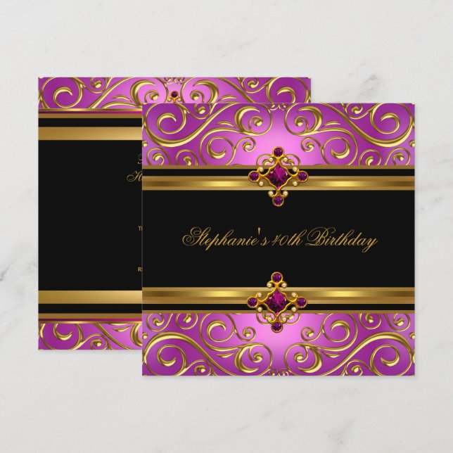40th Birthday Party Pink Gold Black Floral Invitation (Front/Back)