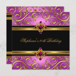 40th Birthday Party Pink Gold Black Floral Invitation