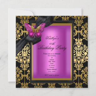 40th Birthday Party Pink Gold Damask Butterfly Invitation