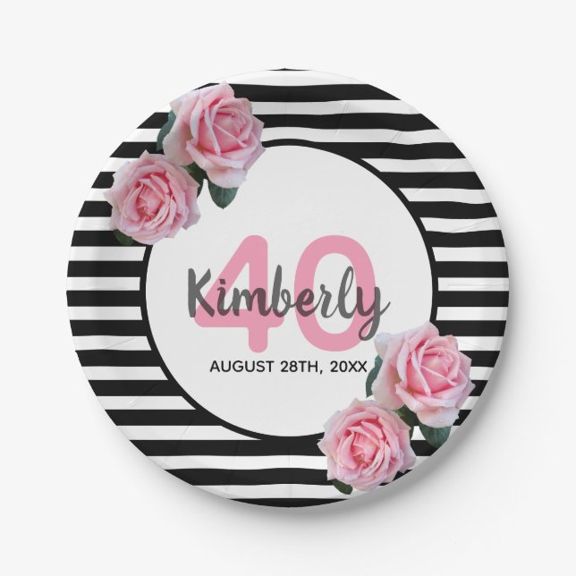 40th birthday party pink roses black white stripes paper plate (Front)